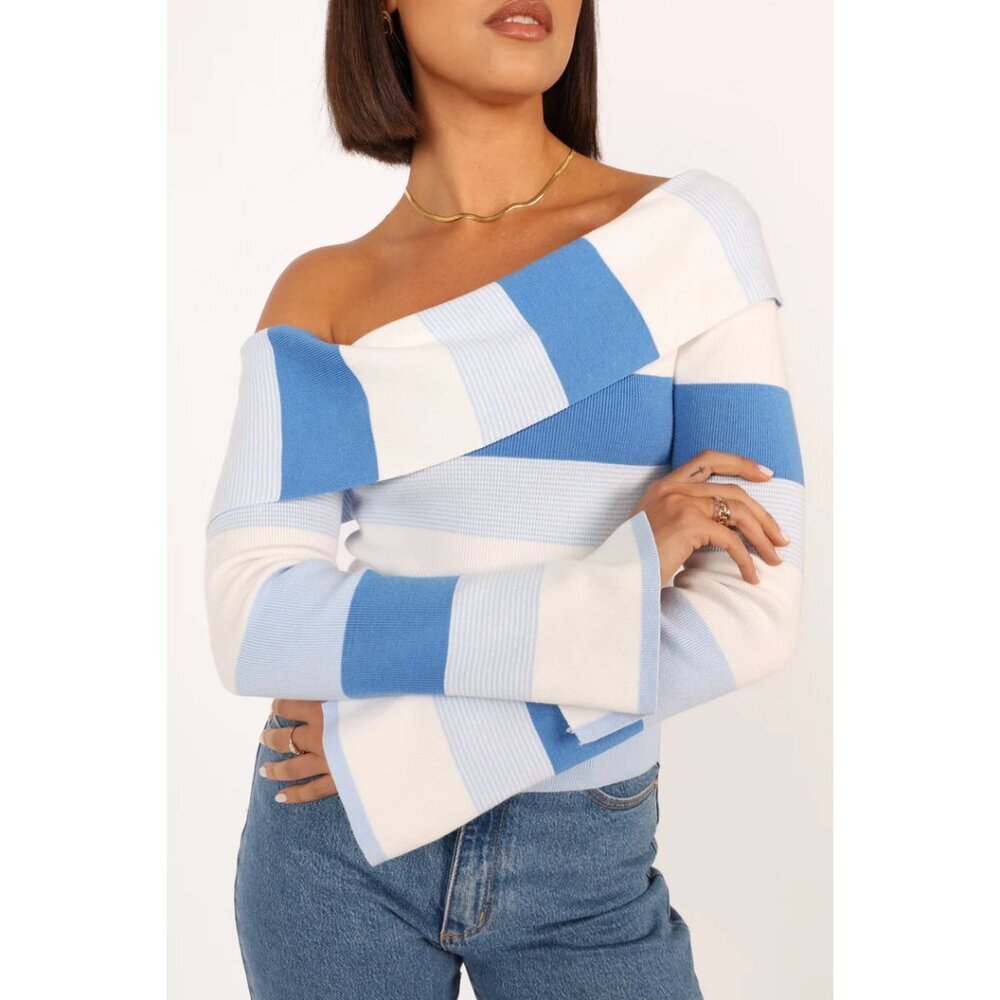 Petal & Pup Off-Shoulder Striped Top in Blue and White